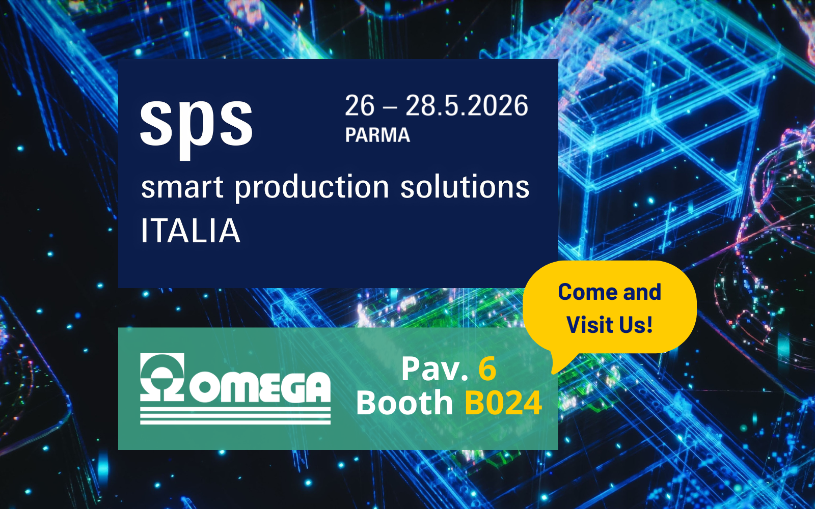 Firma Fiera SPS 2026 (1600 x 1000 px) Omega a SPS 2026: Stand B024, Pad. 6